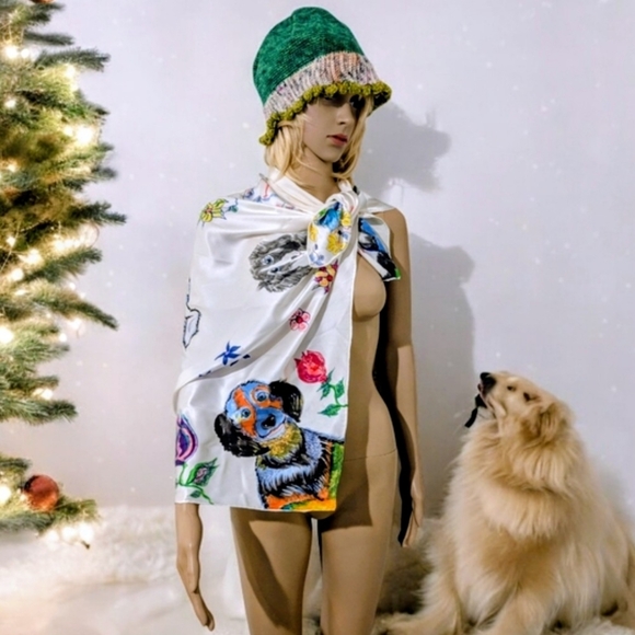 Jennifer Eve Art Accessories - Spring Silk/satin Scarf Hand painted One of A Kind "Best Friends" Dog Print